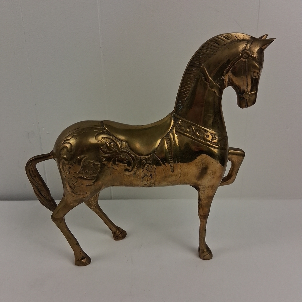 Vintage Cast Brass Horse Statue Walking Prancing 9.75" Equestrian Figure MCM
